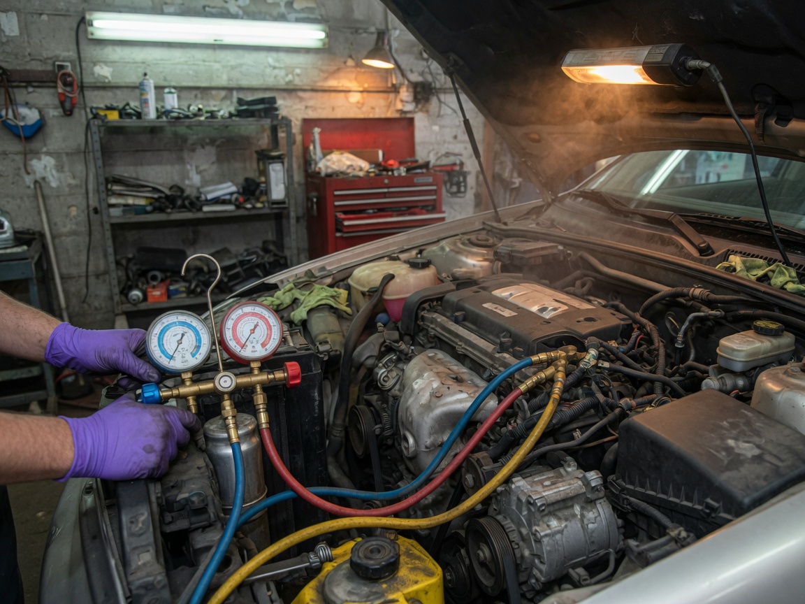 Air-conditioning manifold gauges connected under a car hood