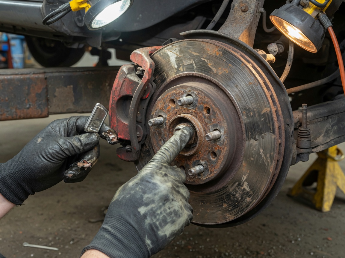 Mechanic inspecting a brake rotor and caliper