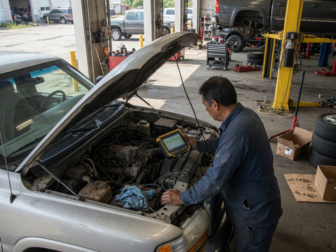 Mechanic running a diagnostic scan on a pickup truck