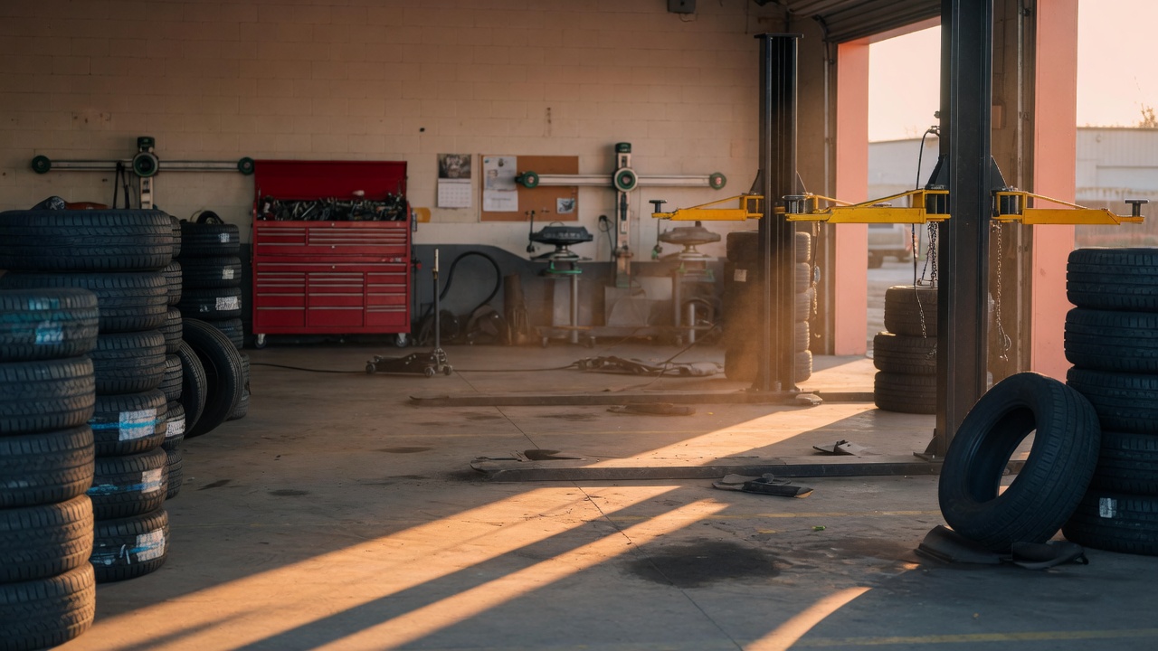 Service bays at Fort Gibson Tire & Auto with stacked tires and afternoon light through the open doors