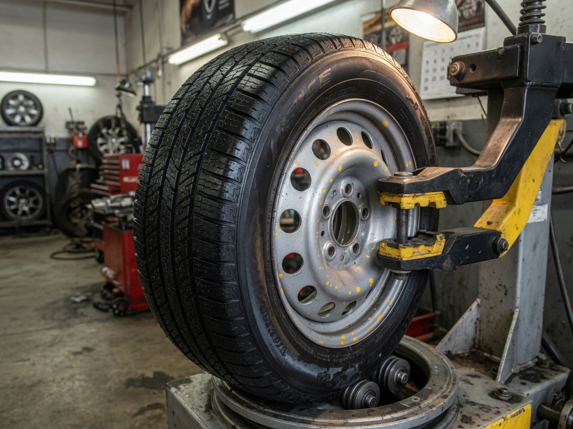 A new tire being mounted on a wheel in the shop