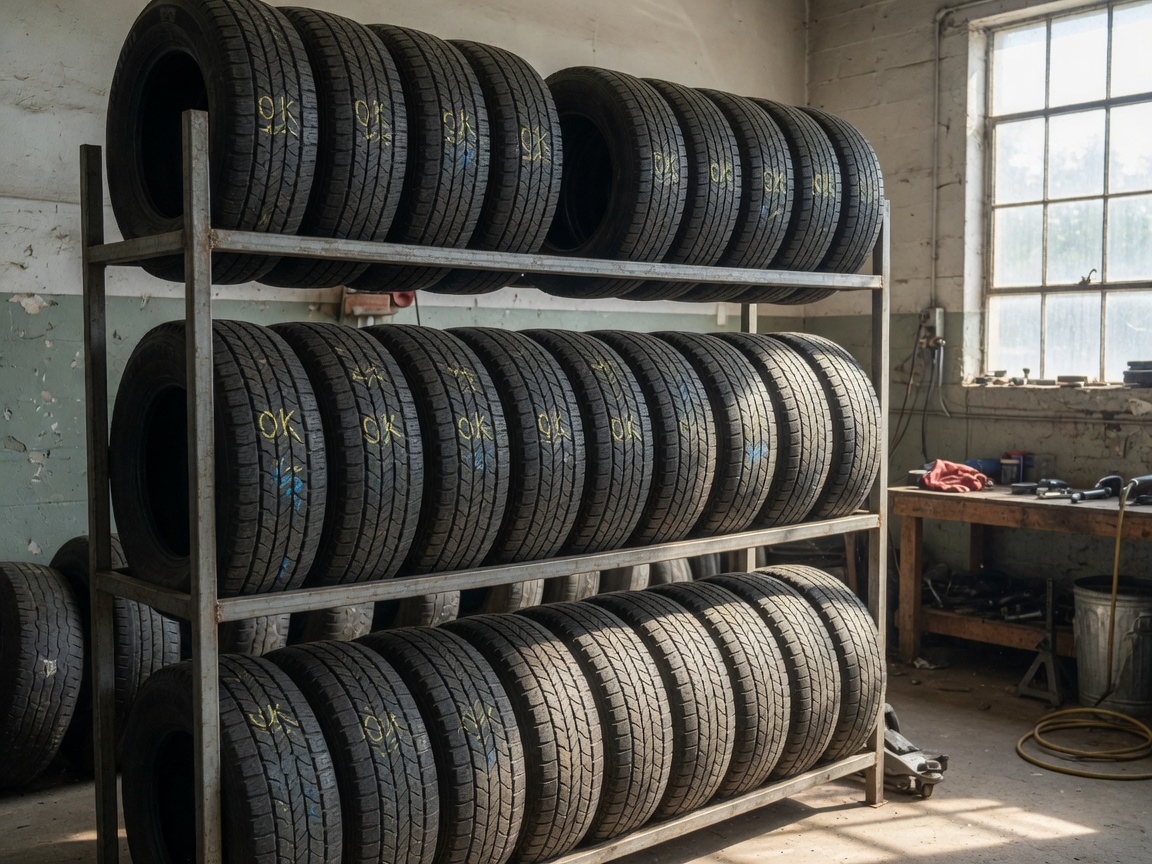 Inspected used tires stacked on a shop rack