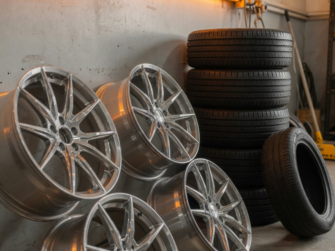Polished alloy wheels leaning next to a stack of tires